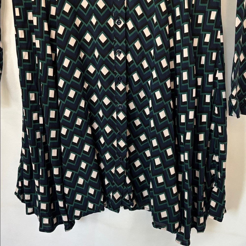 Zara Woman Green cream tones Geometric Print Shirt Dress Button Front Size L - Picture 3 of 9